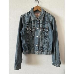 True Religion Jimmy Jacket Womens Large Blue Denim Thick Stitch Truckers Western